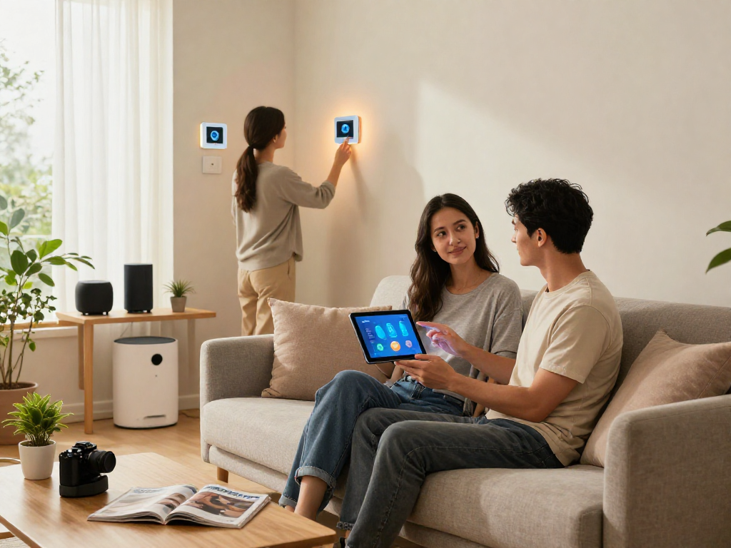 Pasangan muda mengatur wifi 4d di rumah pintar yang modern.