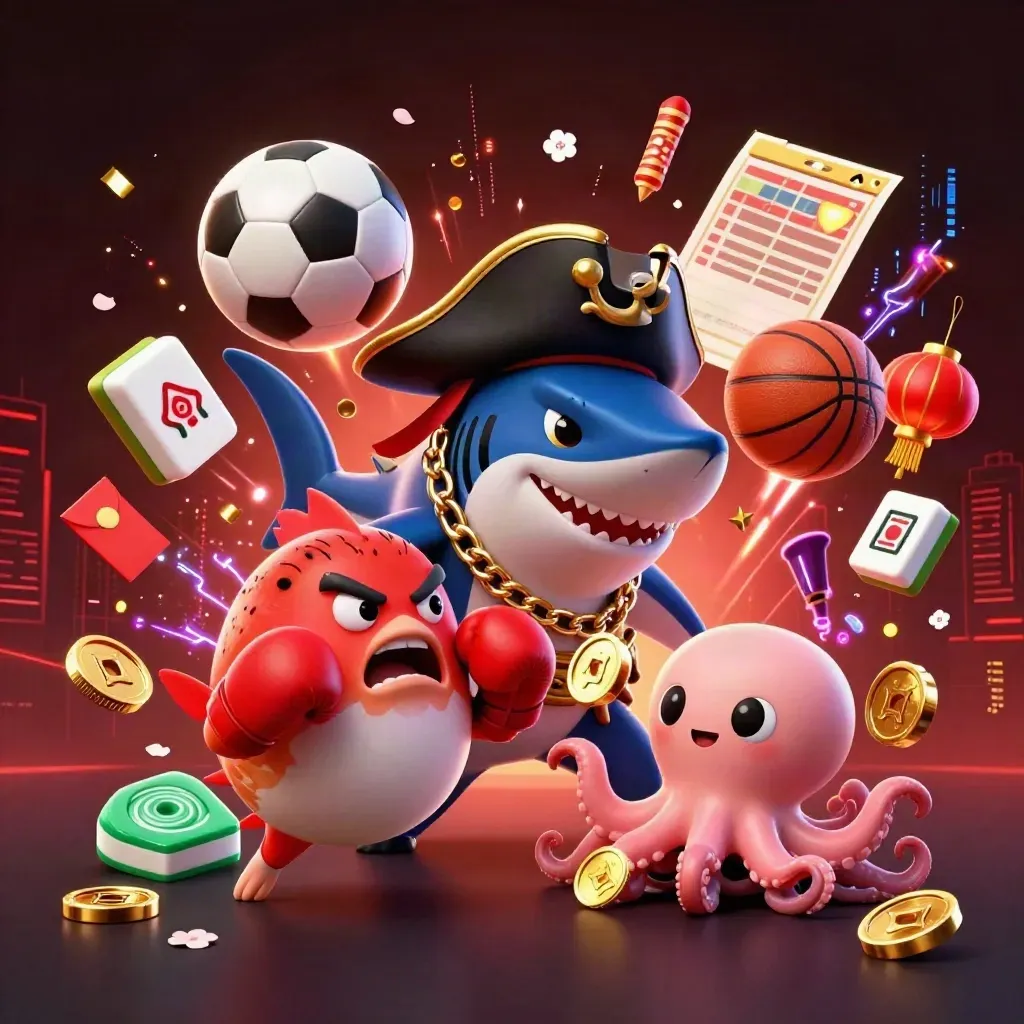 Shark pirate, pufferfish, and octopus amid casino sports props and neon effects.