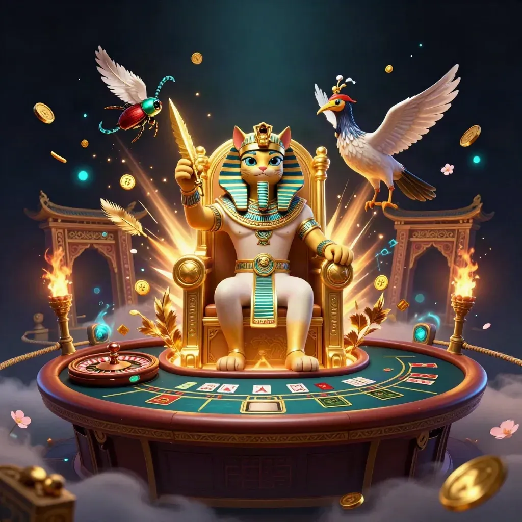 Pharaoh cat throne scene with ibis scribe, scarabs, roulette wheel, cards, and glowing casino effects.