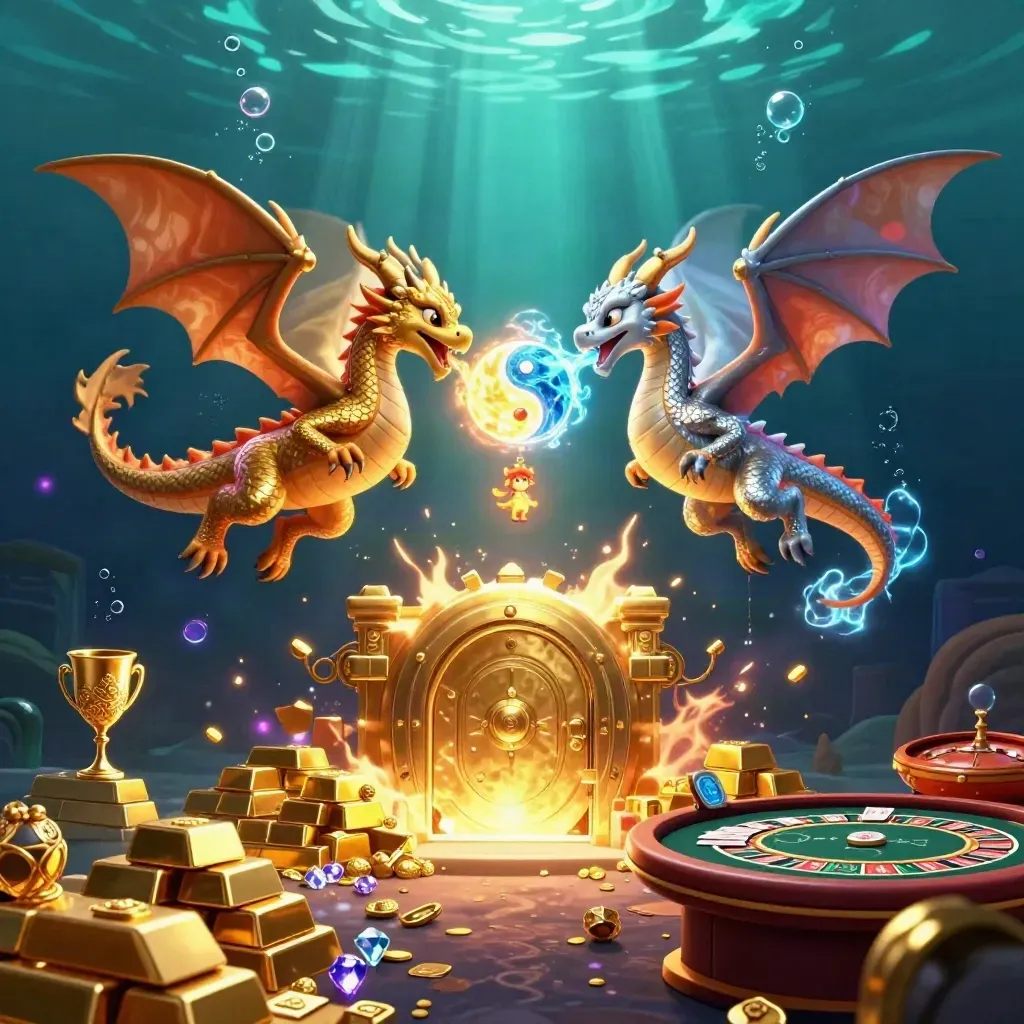 Twin gold and silver dragons spiral with treasure, vault light, and casino objects underwater.