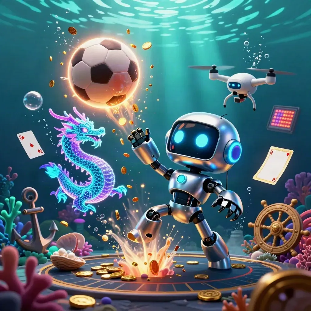 Cyberpunk robot, holographic dragon and coin drone in an underwater casino sports burst