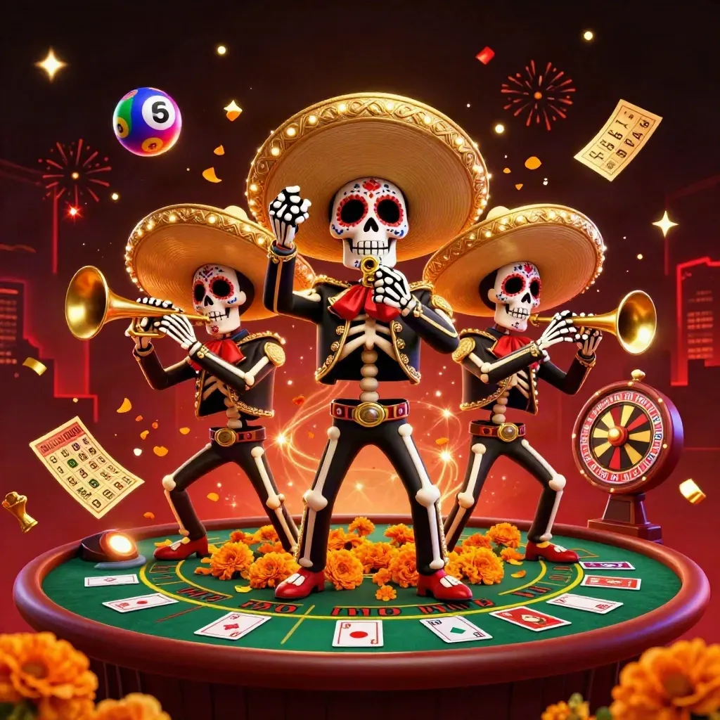 Skeleton mariachi trio amid casino wheels, cards, lottery balls, confetti, and neon fireworks.