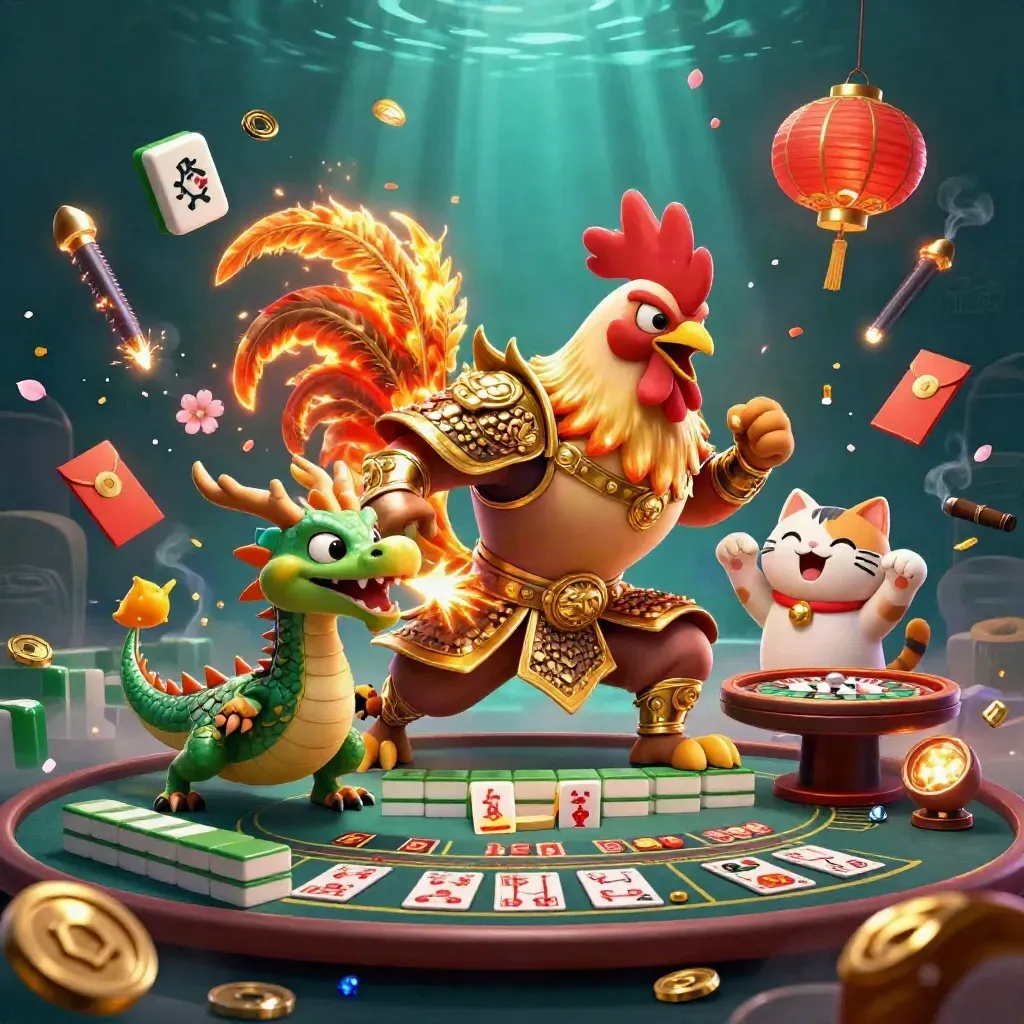 Armored rooster, dragon hatchling, and fortune cat amid casino fantasy lights