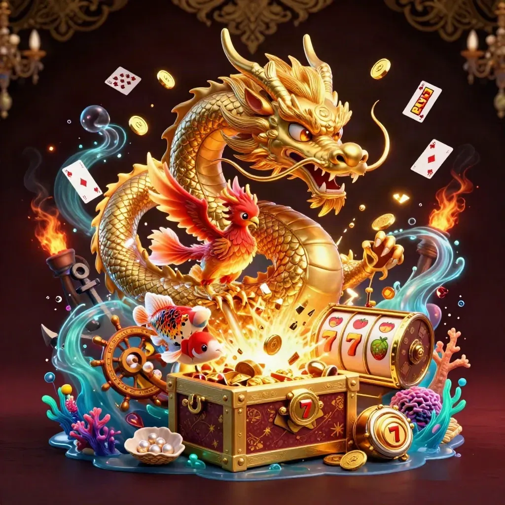 Golden dragon, phoenix, koi and treasure burst in a luxe casino fantasy scene.