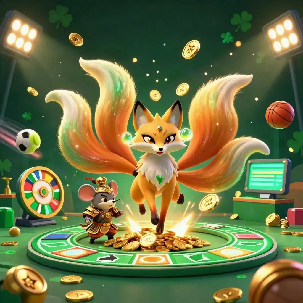 Fox spirit and samurai mouse amid casino treasure, coins, roulette, balls, and gold light.