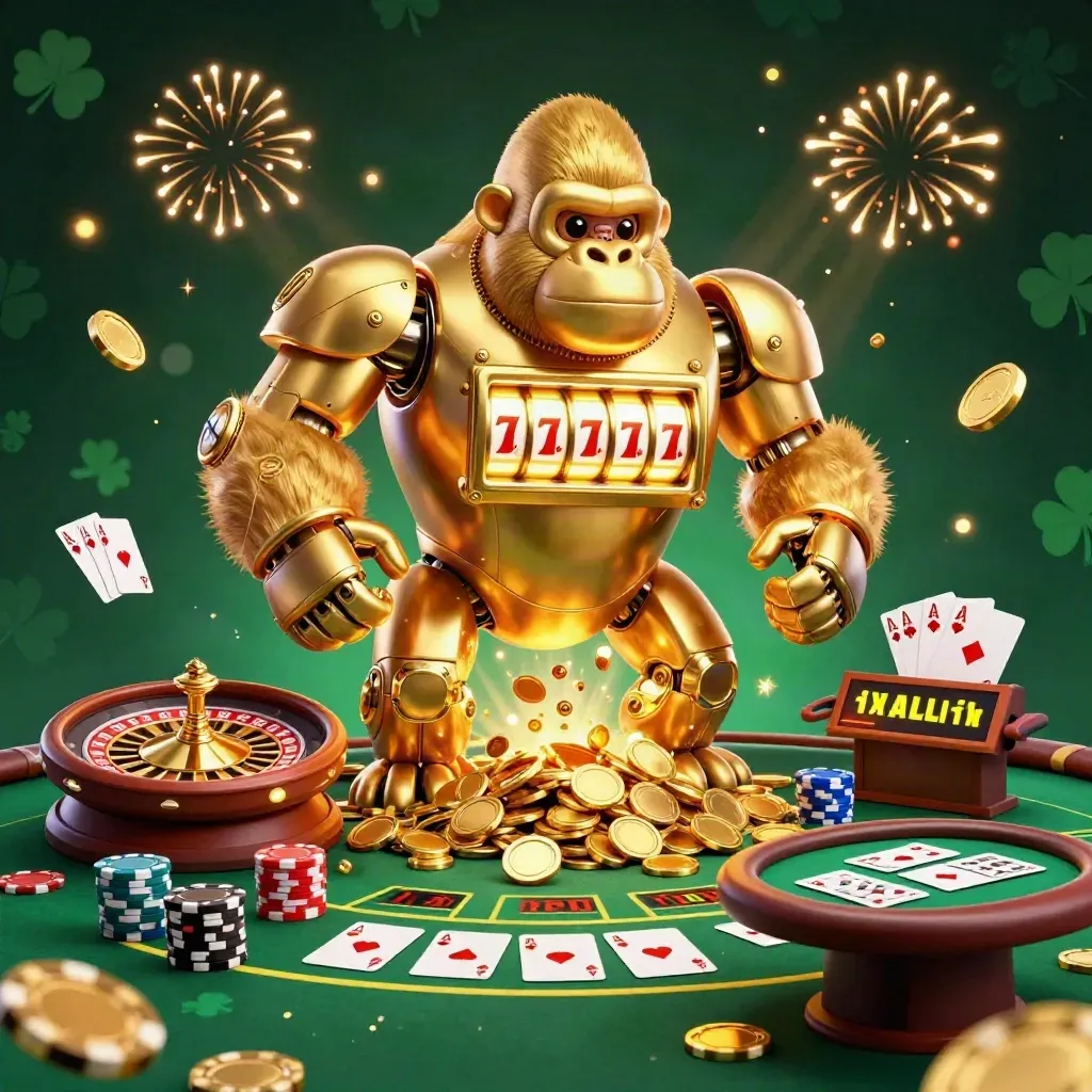 Golden gorilla mech with monkey pilot amid chips, cards, roulette, and fireworks in an emerald casino vault.
