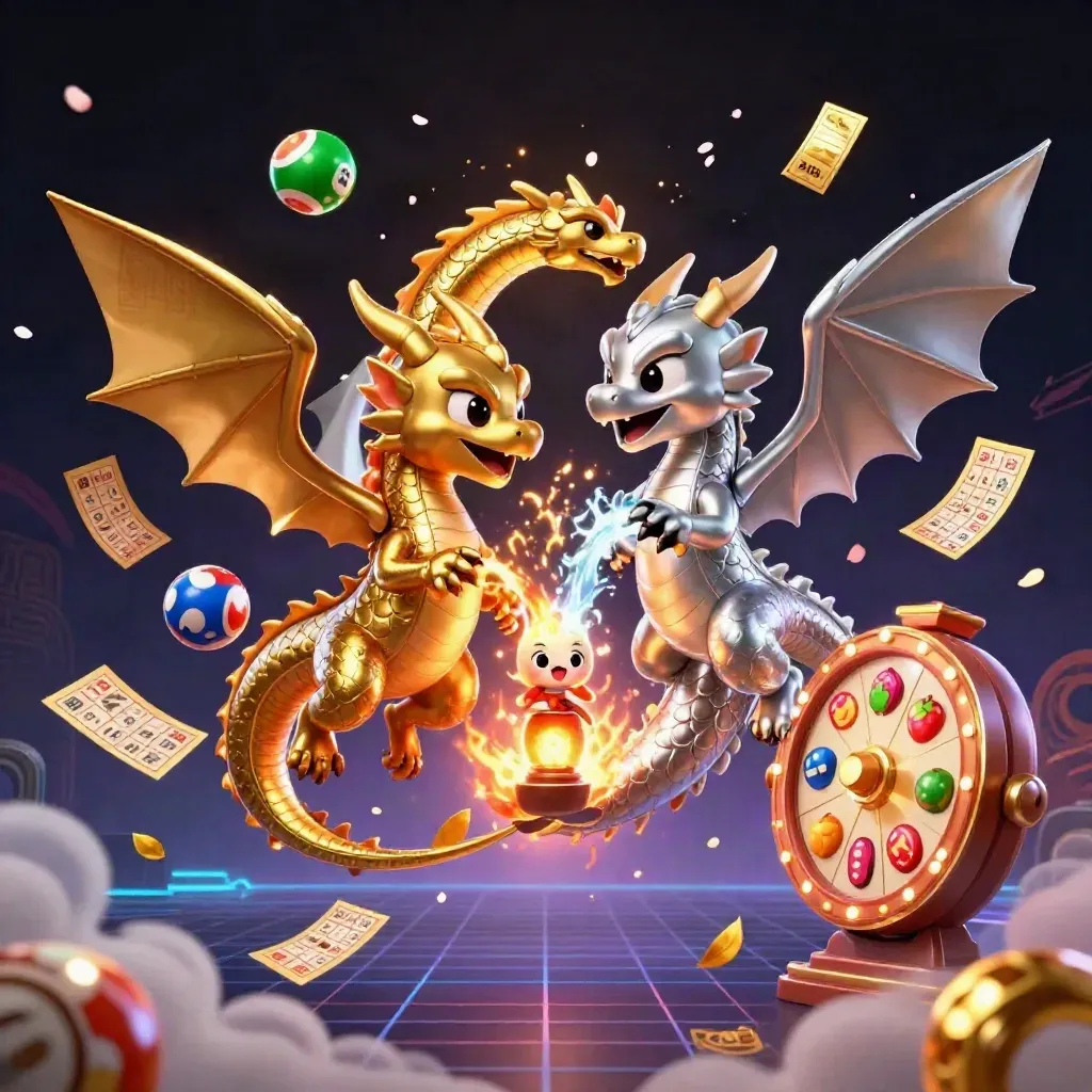 Twin gold and silver dragons with fire and ice, casino symbols, neon grid, and a tiny lantern spirit.