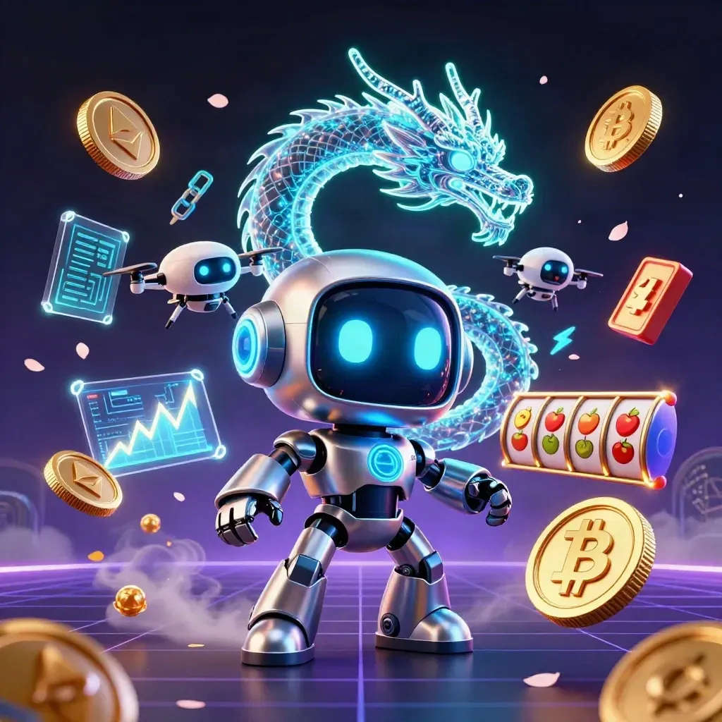 Chrome cyberpunk robot, holographic dragon, coin drone, coins, lightning, dark neon casino splash art.
